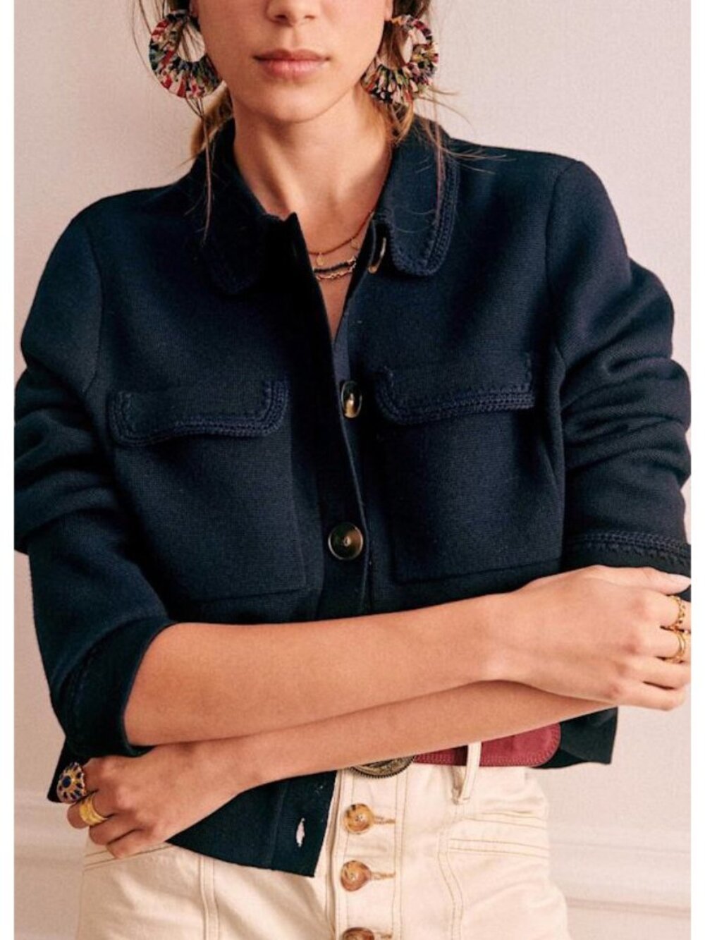 EUC Sezane Betty Merino Wool Crochet Trim Cardigan Jacket Navy Blue XL